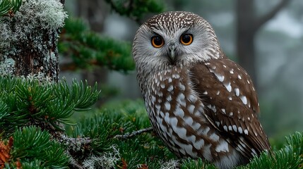 Intense gaze of a boreal owl perched on a pine branch amidst misty forest ambiance, capturing wild nature's serene beauty.