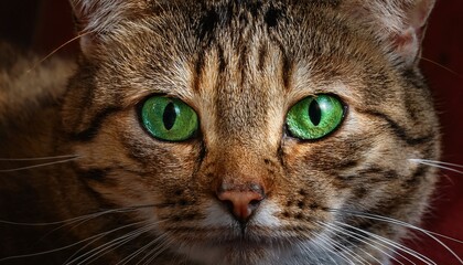 close up view of a captivating cat s face showcasing striking patterns and vibrant green eyes