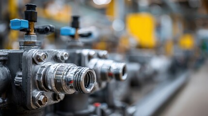 Fototapeta premium Medium shot of a highpressure hydraulic pump with intense focus on precise control valves blurred background highlighting industrial machinery for enhanced system efficiency.
