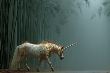 Majestic white unicorn adorned with intricate gold ornamentation walks through a mystical bamboo forest bathed in ethereal light