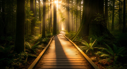 Wooden Path Through a Sun-Dappled Mystical Forest