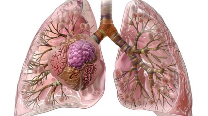 Lung Cancer Awareness Month. Scientific medical illustration, detailed cross-section of human lungs showing cancerous tumor growth, educational anatomy diagram