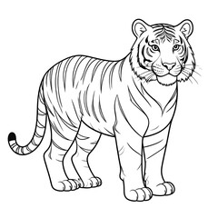 Obraz premium Detailed black and white line art drawing of a majestic tiger standing, perfect for coloring books or educational materials.