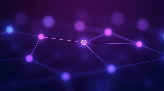 An abstract technology background with a glowing purple network of connected nodes. Concept of data, communication, blockchain, and futuristic science.