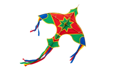 Vibrant and colorful traditional flying kite with streamers for celebration and leisure. isolated PNG with Transparent Background