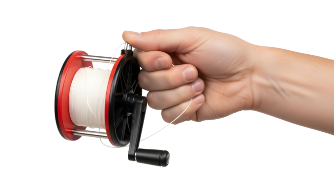 Man's hand gripping a kite line spool used for outdoor recreational hobby and fun activity isolated PNG with Transparent Background