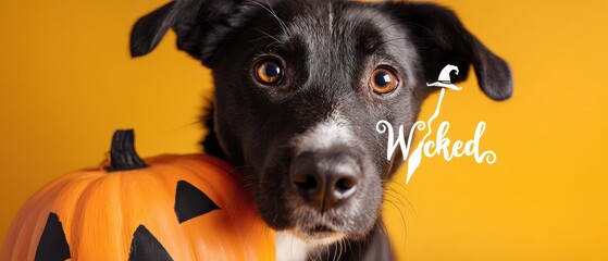 Adorable black and white dog with Halloween pumpkin on yellow background with Wicked text overlay Festive pet portrait for spooky season and autumn holiday