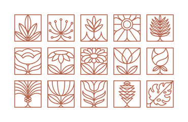 Geometric flower plant pattern set icon. Art deco  line natural organic blooming flowers plant shapes eco garden concept in square frame Vector simple set