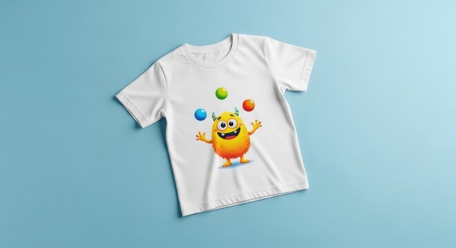 T-shirt with playful monster juggling balls design on light blue background.