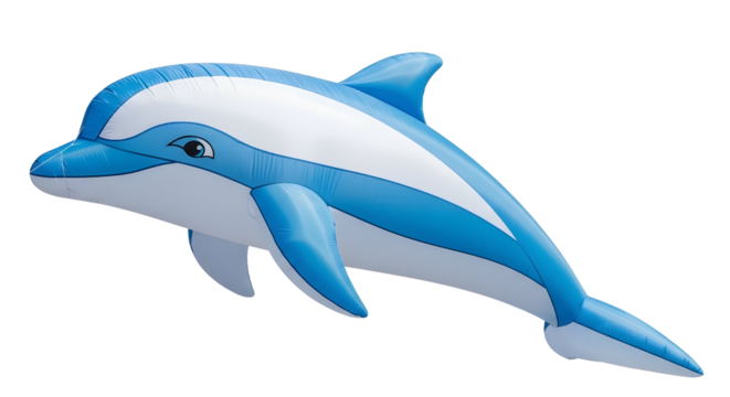 Fun blue and white inflatable dolphin pool toy for summer beach vacation and water activities isolated PNG with Transparent Background