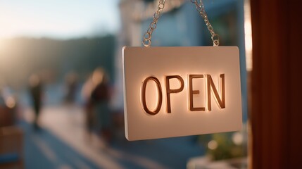 Shop welcomes customers with illuminated open sign during golden hour