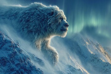Majestic white yeti emerges from snowy mountain mist under ethereal aurora borealis glow, a symbol of untamed wilderness and mystery