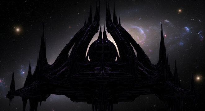 Epic spaceship hovers silently in deep space near a vibrant nebula, perfect for sci-fi games, book covers, or futuristic design projects, a galactic scene - Powered by Adobe