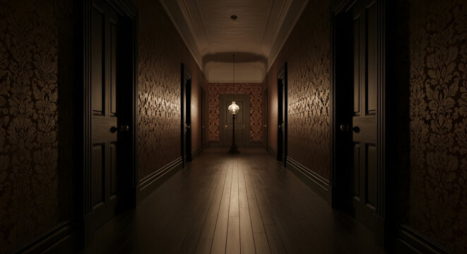 Eerie illuminated hallway with antique lamp, spooky atmosphere for gothic mystery thrillers, perfect for suspenseful horror stories and haunted house tales