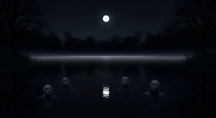 Eerie moonlit lake with ghostly figures emerging from dark waters creating a chilling, supernatural atmosphere perfect for thriller or horror designs