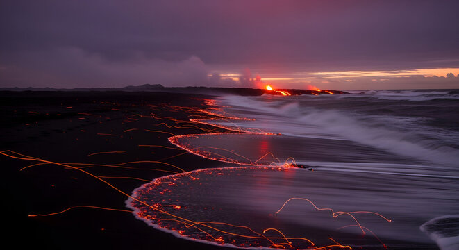 Witness the raw power of nature with vibrant lava flowing into the ocean at sunset on a black sand beach, creating a stunning and dramatic landscape