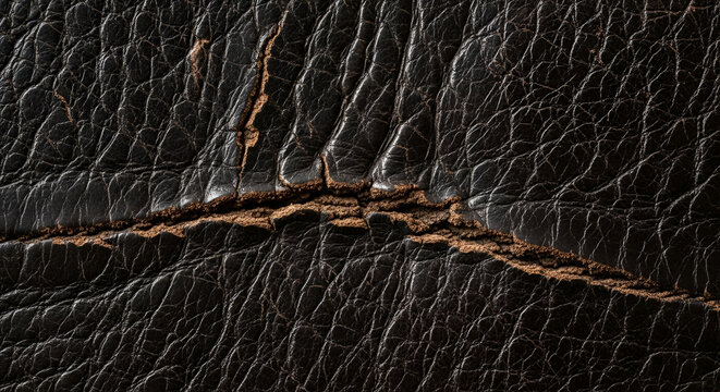 Distressed black leather texture with cracks evokes vintage luxury, ideal for backgrounds and design elements with authentic weathered appeal