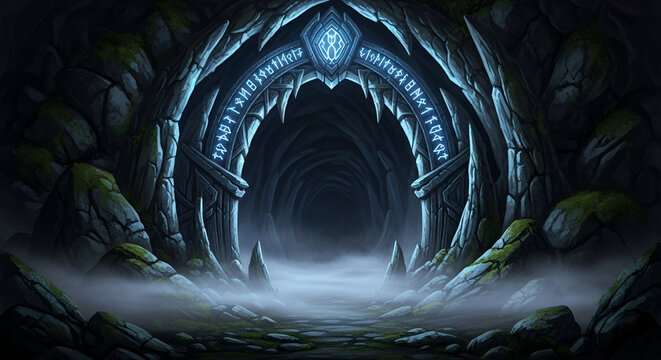 Mystical glowing runes adorn ancient stone gateway, inviting adventure into a dark fantasy cave world shrouded in fog, perfect for game designs