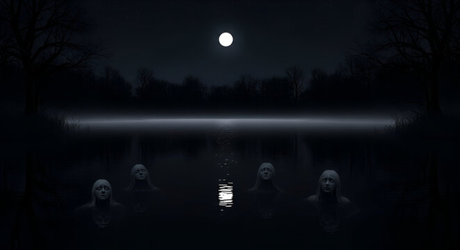 Eerie moonlit lake with ghostly figures emerging from dark waters creating a chilling, supernatural atmosphere perfect for thriller or horror designs - Powered by Adobe