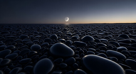 Obraz premium Dramatic crescent moon over black pebble beach at twilight creates stunning backdrop for travel blogs or tranquil meditation app visuals