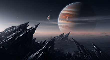 Dramatic Jupiter landscape with jagged rocks under a stunning colorful sky, perfect for science fiction book covers or space exploration designs