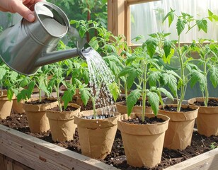 Watering tomato seedlings in a greenhouse (2)