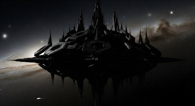 Futuristic space station with dramatic galactic backdrop, ideal for sci-fi games or movie concept art, conveying advanced technology and cosmic adventure