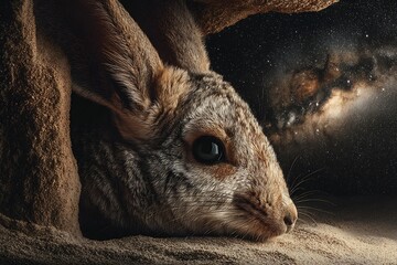 Curious desert hare peeks from sandy burrow gazing at a breathtaking star filled night sky and galaxy