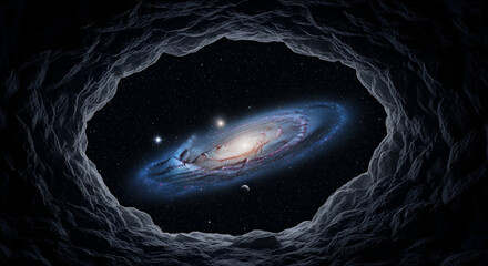 Spectacular milky way galaxy viewed from dark mysterious cave opening to the cosmos, inspiring exploration and wonder of the universe and space travel