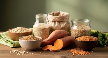 Still life composition featuring a variety of grains and vegetables presented on a wooden surface, showcasing healthy food options for a balanced diet, with a gentle green backdrop adding a...