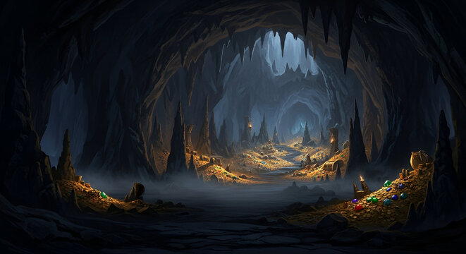 Venture into a mysterious treasure cave gleaming with gold coins and colorful jewels, perfect for epic fantasy adventures and thrilling tales of hidden riches