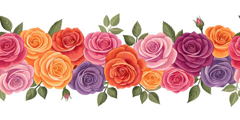 Naklejka premium Seamless border of colorful roses isolated on transparent background