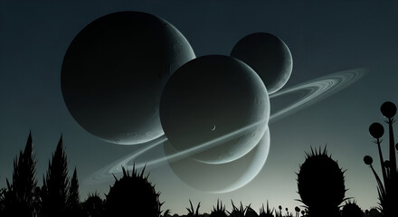Immerse yourself in a breathtaking alien world with majestic ringed planets and mysterious plant silhouettes under a vast, starry cosmic sky.