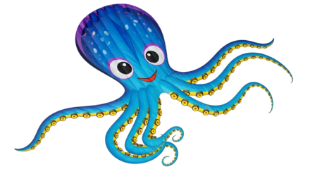Happy blue cartoon octopus mascot swimming underwater character illustration for kids. isolated PNG with Transparent Background