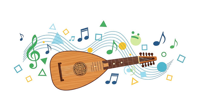 Illustration of a lute surrounded by musical notes and geometric shapes on a white background. - Powered by Adobe