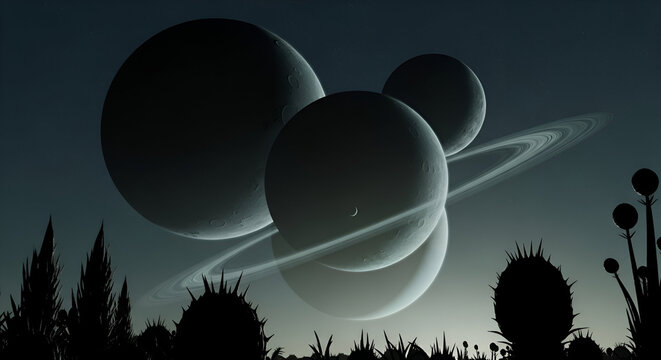 Immerse yourself in a breathtaking alien world with majestic ringed planets and mysterious plant silhouettes under a vast, starry cosmic sky.
