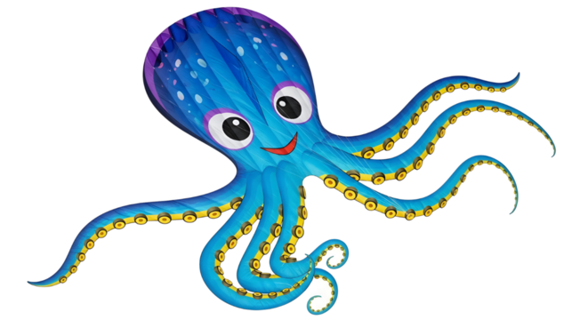 Happy cartoon blue octopus character illustration swimming for children's books and education design isolated PNG with Transparent Background