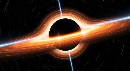 A powerful black hole dominates the starry sky, its vibrant accretion disk swirling with light, emitting intense cosmic jets