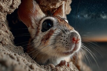 Curious desert rodent peeks from sandy burrow under a vast starry night sky, evoking wonder and the wild.