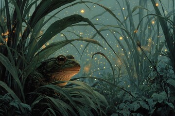 Mysterious frog peeks through lush reeds under a starry night sky filled with enchanting fireflies, creating a magical, serene atmosphere.