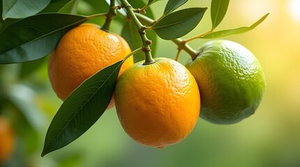 Ripe and unripe oranges hanging on a tree branch with green leaves. Fresh citrus fruit growing in an orchard, rich in vitamins.