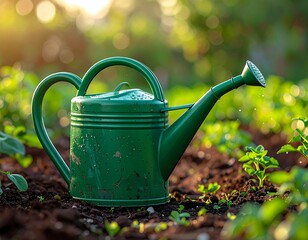 Watering can in a garden at sunset