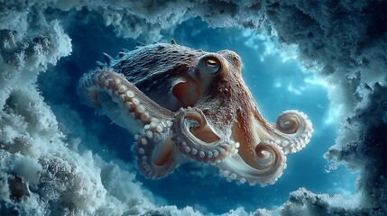 Majestic octopus navigates vibrant coral reef depths, showcasing intricate textures and mesmerizing blue ocean ambiance
