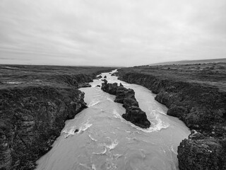 river Skjálfandafljót and rock formations in Iceland