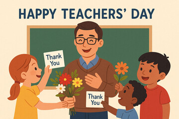 World Teachers' Day Celebration,Happy World Teachers' Day Students Thanking Teacher with Flowers, Happy World Teachers' Day Celebration with Students and Flowers