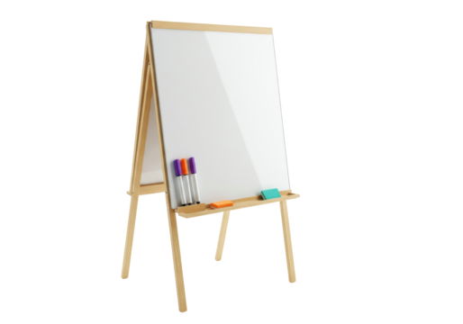 Isolated easel with whiteboard and markers, educational tool for presentations and learning