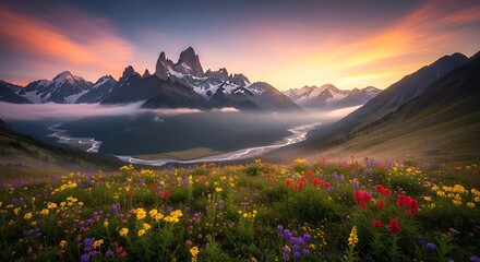 Fototapeta premium Majestic Mountain Sunrise Meadow.