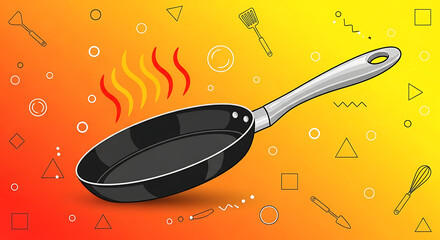Illustration of a frying pan with steam rising, set against a vibrant yellow and orange background with kitchen utensil icons.