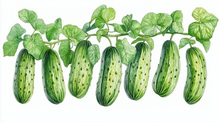 Fresh cucumbers hanging from a vine in a lush green garden during a sunny summer day, ready for harvest and culinary delights