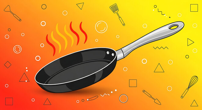 Illustration of a frying pan with steam rising, set against a vibrant yellow and orange background with kitchen utensil icons.